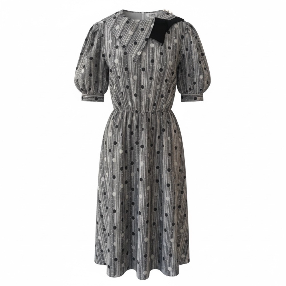 VTG 80’s Black & White Polka Dot Puff Sleeves Drape Collar Secretary Dress USA